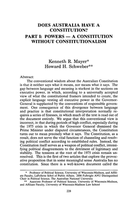 Does Australia Have a Constitution? Part I: Powers - a Constitution Without Constitutionalism