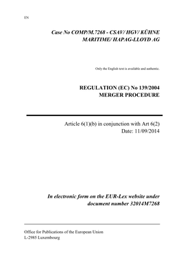 Case No COMP/M.7268 - CSAV/ HGV/ KÜHNE MARITIME/ HAPAG-LLOYD AG