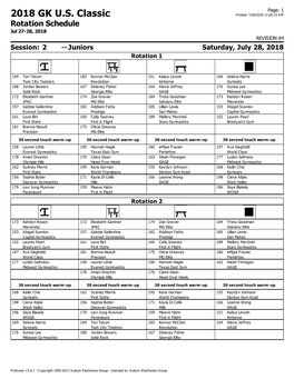 2018 GK U.S. Classic Printed: 7/28/2018 11:05:15 a M Rotation Schedule Jul 27-28, 2018 REVISION #4 Session: 2 -- Juniors Saturday, July 28, 2018 Rotation 1