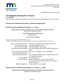 Toluene Toxicological Summary August 2020