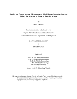 Studies on Conura Torvina (Hymenoptera: Chalcididae) Reproduction and Biology in Relation to Hosts in Brassica Crops