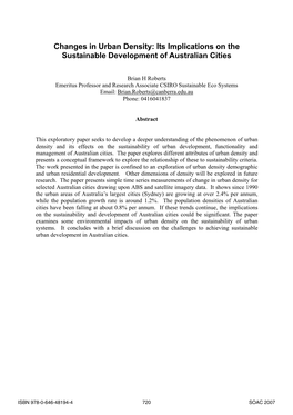 Changes in Urban Density: Its Implications on the Sustainable Development of Australian Cities