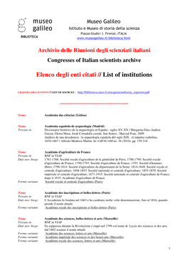 Elenco Degli Enti Citati // List of Institutions