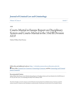 Courts-Martial in Europe Report on Disciplinary System and Courts-Martial in the 33Rd Ill Division a E F Nathan William Macchesney