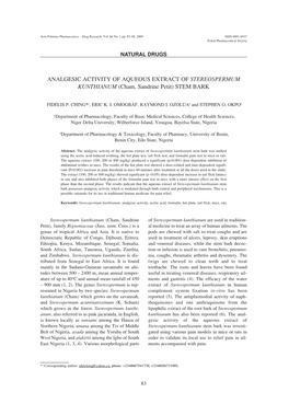 ANALGESIC ACTIVITY of AQUEOUS EXTRACT of STEREOSPERMUM KUNTHIANUM (Cham, Sandrine Petit) STEM BARK