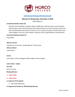 Institutional Strategic Planning Council Minutes for Wednesday, November 4, 2020 1:00-3:00 P.M