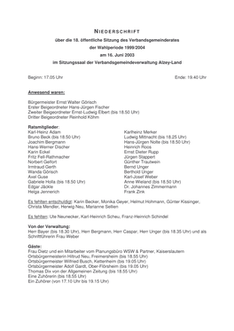 Über Die 18. Öffentliche Sitzung Des Verbandsgemeinderates Der Wahlperiode 1999/2004 Am 16