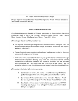 Djibouti Transport Corridor Project Phase I (Adama - Awash - Meisso – Dire Dawa, Lot I: Adama – Welenchiti – 60Km)