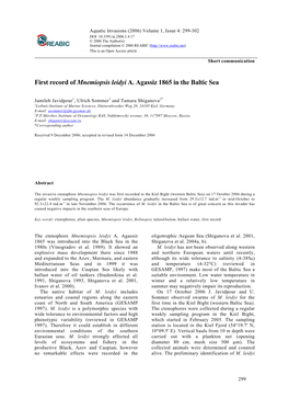 First Record of Mnemiopsis Leidyi A. Agassiz 1865 in the Baltic Sea