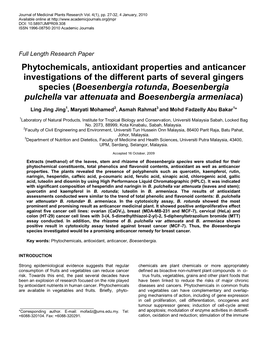 Phytochemicals, Antioxidant Properties and Anticancer Investigations of the Different Parts of Several Gingers Species