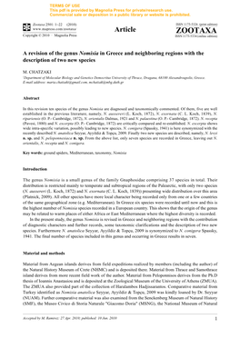 Zootaxa, a Revision of the Genus Nomisia in Greece and Neighboring