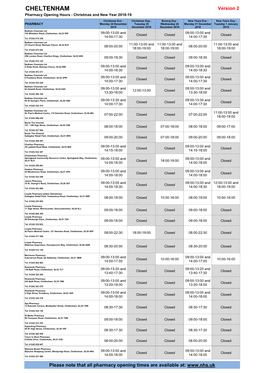 CHELTENHAM Version 2 Pharmacy Opening Hours - Christmas and New Year 2018-19