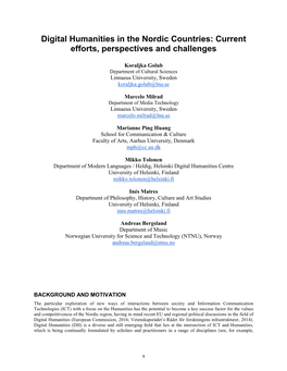 Digital Humanities in the Nordic Countries: Current Efforts, Perspectives and Challenges