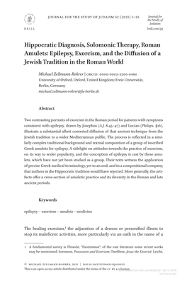 Hippocratic Diagnosis, Solomonic Therapy, Roman Amulets: Epilepsy, Exorcism, and the Diffusion of a Jewish Tradition in the Roman World