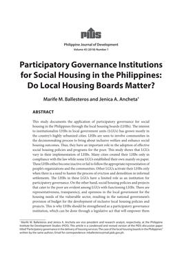 Participatory Governance Institutions for Social Housing in the Philippines: Do Local Housing Boards Matter?