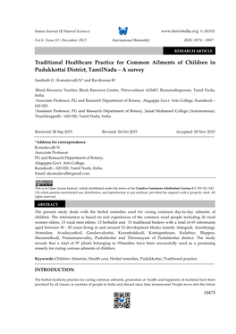 Traditional Healthcare Practice for Common Ailments of Children in Pudukkottai District, Tamilnadu – a Survey