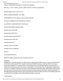 Recall 13V113000: Stop Lamp Switch Replacement