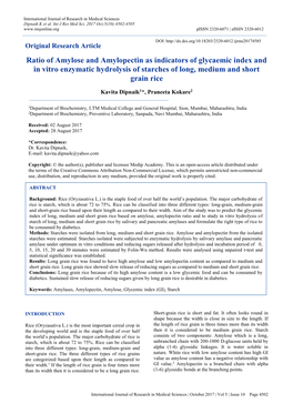 Ratio of Amylose and Amylopectin As Indicators of Glycaemic Index and in Vitro Enzymatic Hydrolysis of Starches of Long, Medium and Short Grain Rice