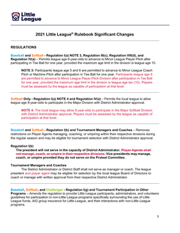 2021 Little League® Rulebook Significant Changes