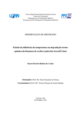 DISSERTAÇÃO DE MESTRADO Estudo Da Influência Da Temperatura Na Degradação Termo- Química Da Biomassa De Avelós (Euphorbia