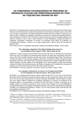 As Companhias Colonizadoras No Processo Da Imigração Italiana Em Territorialidades Do Vale Do Taquari/Rio Grande Do Sul1