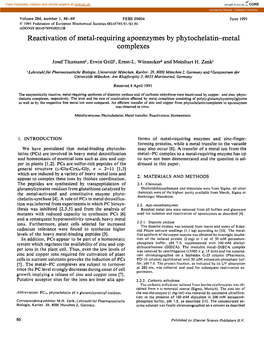 Reactivation of Metal-Requiring Apoenzymes by Phytochelatin-Metal Complexes