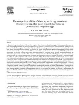 The Competitive Ability of Three Mymarid Egg Parasitoids (Gonatocerus Spp.) for Glassy-Winged Sharpshooter (Homalodisca Coagulata) Eggs