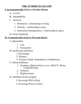 A. Aseity B. Immutability C. Infinity 1. Perfection—Relationship to Being 2. Eternity—Relationship to Time 3. Immensity-Omnipresence—Relationship to Space D