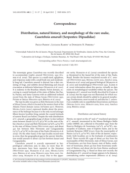 Distribution, Natural History, and Morphology of the Rare Snake, Caaeteboia Amarali (Serpentes: Dipsadidae)