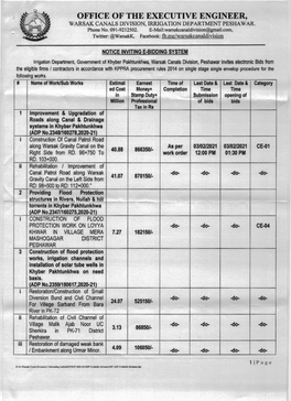 Office of Tiie Executive Engineer, Warsak Cana],S Division, Irrioation Department Peshawar