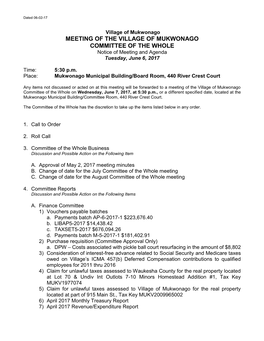MEETING of the VILLAGE of MUKWONAGO COMMITTEE of the WHOLE Notice of Meeting and Agenda Tuesday, June 6, 2017