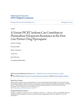 A Variant Pfcrt Isoform Can Contribute to Plasmodium Falciparum Resistance to the First-Line Partner Drug Piperaquine