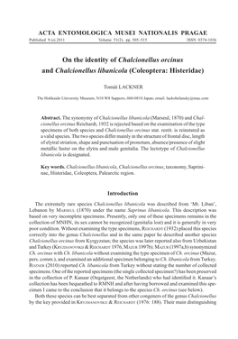 On the Identity of Chalcionellus Orcinus and Chalcionellus Libanicola (Coleoptera: Histeridae)