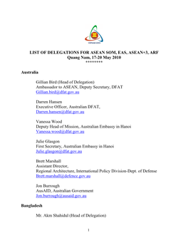 LIST of DELEGATIONS for ASEAN SOM, EAS, ASEAN+3, ARF Quang Nam, 17-20 May 2010 ********