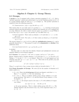 Algebra I: Chapter 3. Group Theory 3.1 Groups. a Group Is a Set G Equipped with a Binary Operation Mapping G × G → G