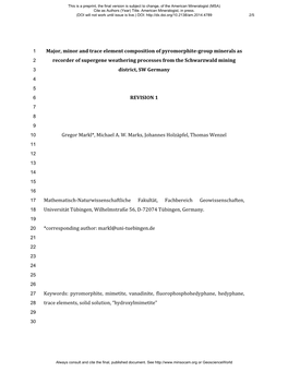 Major, Minor and Trace Element Composition of Pyromorphite-Group Minerals As Recorder of Supergene Weathering Processes From