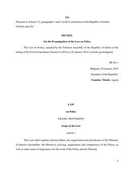 234 Pursuant to Article 112, Paragraphs 1 and 2 of the Constitution of the Republic of Serbia, I Hereby Pass the DECREE On