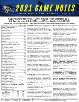 Sugar Land Skeeters (7-1) Vs. Round Rock Expresss (5-3) LHP Ryan Hartman (0-0, 1.59 ERA) Vs