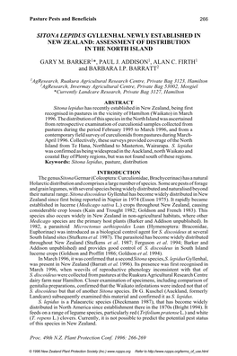 Sitona Lepidus Gyllenhal Newly Established in New Zealand: Assessment of Distribution in the North Island