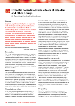 Hypnotic Hazards: Adverse Effects of Zolpidem and Other Z-Drugs LG Olson, Sleep Disorders Physician, France