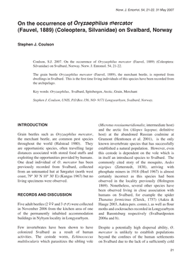 On the Occurrence of Oryzaephilus Mercator (Fauvel, 1889) (Coleoptera, Silvanidae) on Svalbard, Norway