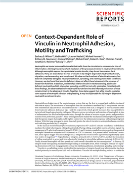 Context-Dependent Role of Vinculin in Neutrophil Adhesion, Motility and Trafcking Zachary S