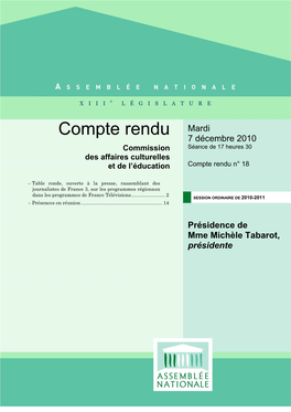 Compte Rendu Mardi 7 Décembre 2010 Commission Séance De 17 Heures 30 Des Affaires Culturelles Et De L’Éducation Compte Rendu N° 18