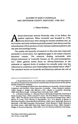 Slavery in Early Louisville and Jefferson County Kentucky,1780