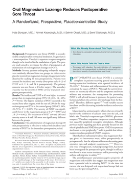 Oral Magnesium Lozenge Reduces Postoperative Sore Throat a Randomized, Prospective, Placebo-Controlled Study