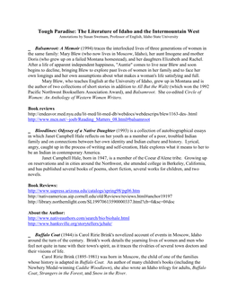 Tough Paradise: the Literature of Idaho and the Intermountain West Annotations by Susan Swetnam, Professor of English, Idaho State University