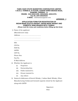 Application Form for Registration of Indian Made Scotch Whisky, Indian Made Whisky and Domestic Wine Brands with Tasmac