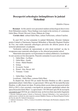 Descoperiri Arheologice Întâmplătoare În Judeţul Mehedinţi