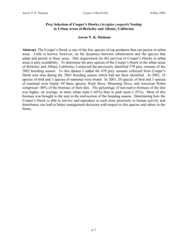 Prey Selection of Cooper's Hawks (Accipiter Cooperii)