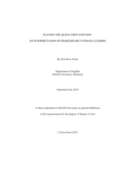 AN INTERPRETATION of SHAKESPEARE's FEMALE LEADERS by Erin Rose Grant Department of English Mc